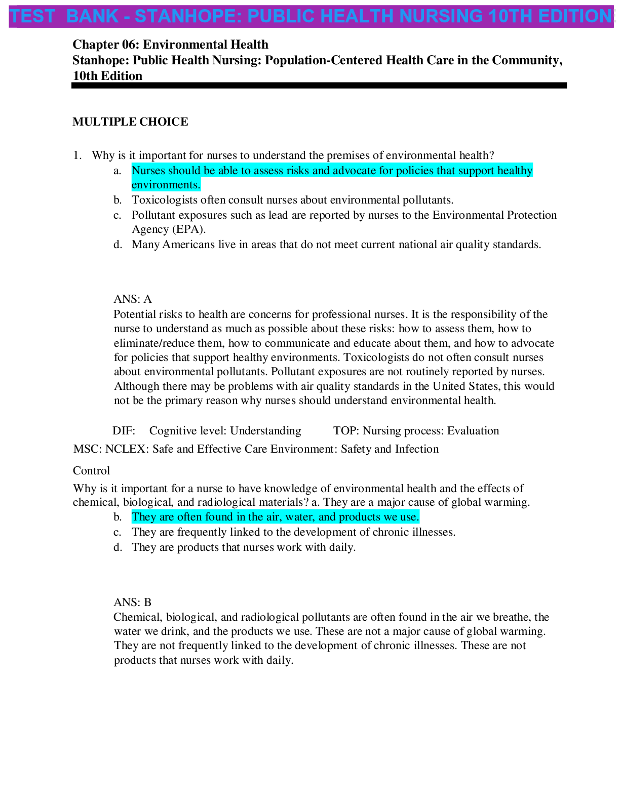 Preview image for TEST BANK - STANHOPE: PUBLIC HEALTH NURSING 10TH EDITION